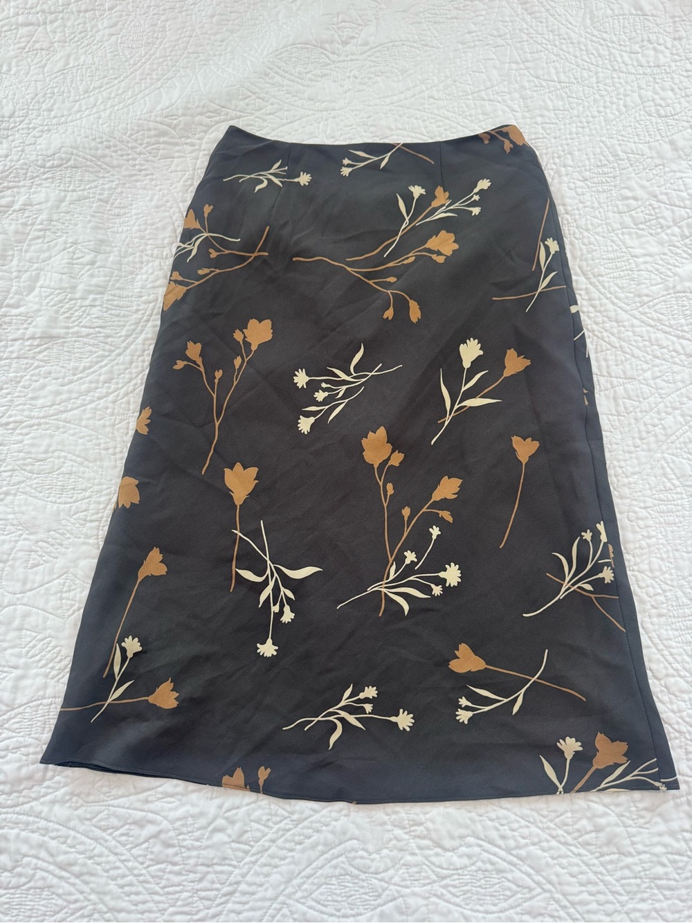 Dark Gray Floral Midi Skirt with Tan & Cream Botanical Print